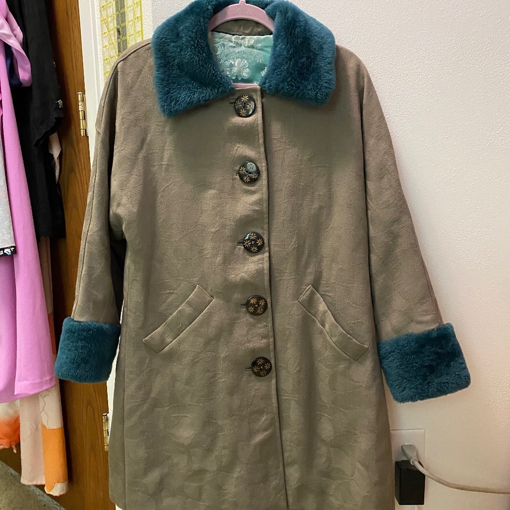 OOAK Handmade Wool, Faux Sherpa, Satin Lined Coat Ginkgo Leaf Patttern Medium